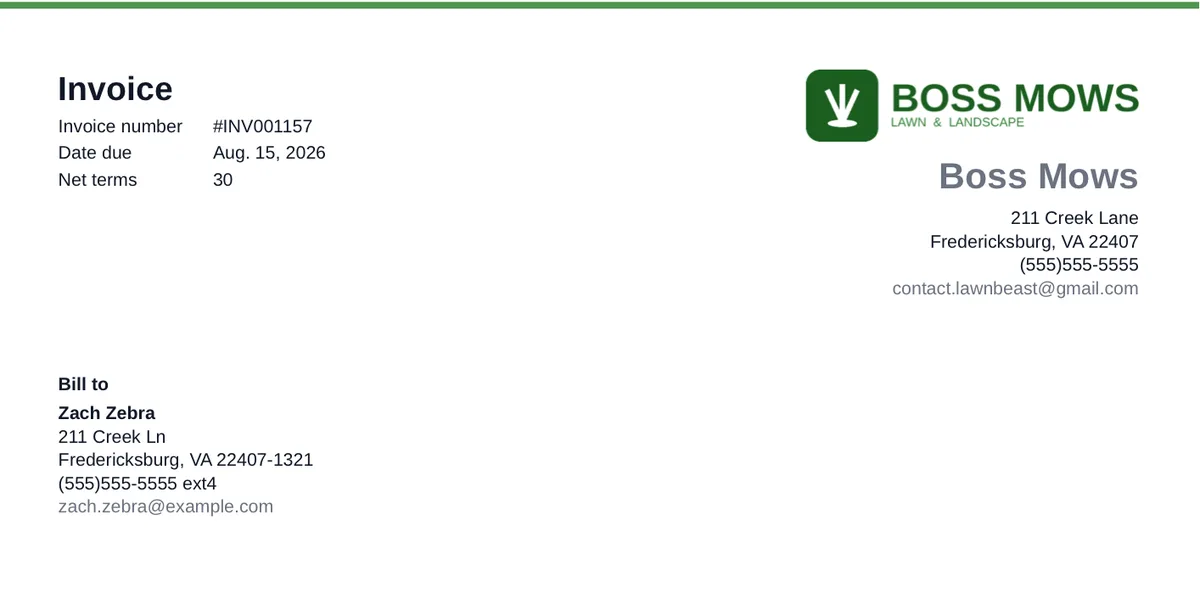 An invoice carrying a contractor's logo, with a license number and payment terms printed in the footer