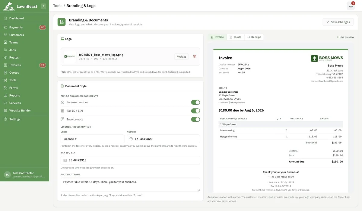 The Branding and Documents page: a Logo card and a Document Style card on the left, with a live invoice preview on the right