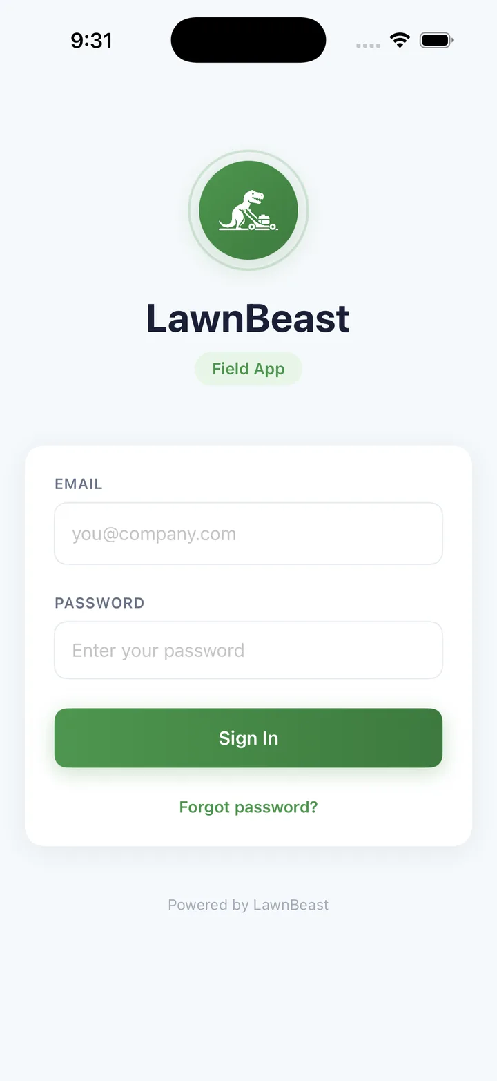 LawnBeast Field App sign-in screen on iPhone