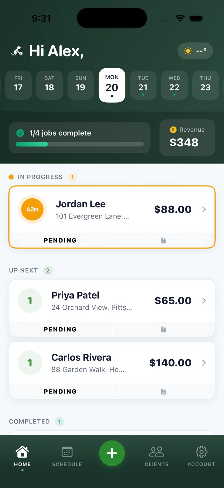 LawnBeast iPhone app showing today's contractor jobs