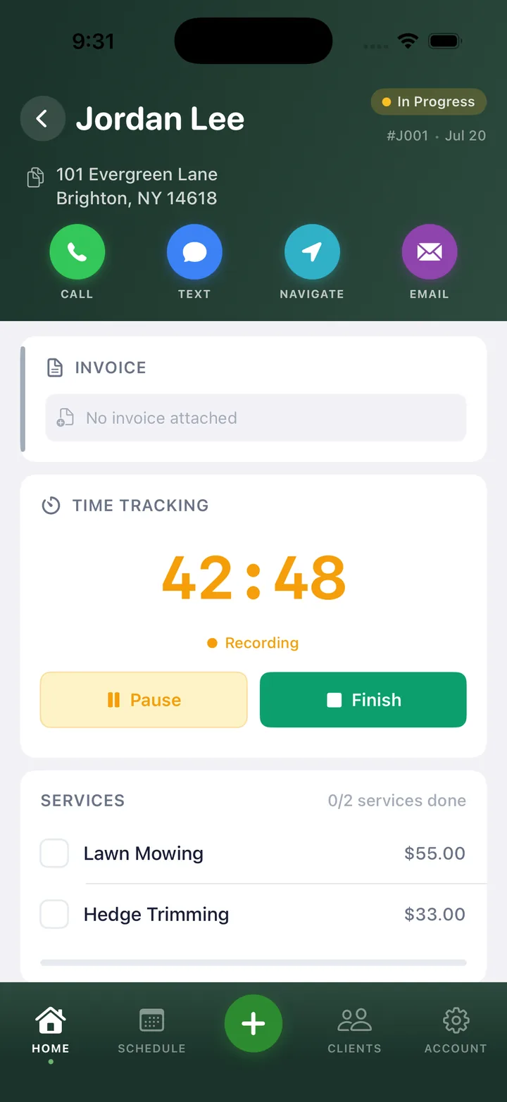 Active LawnBeast job with customer contact actions and time tracking