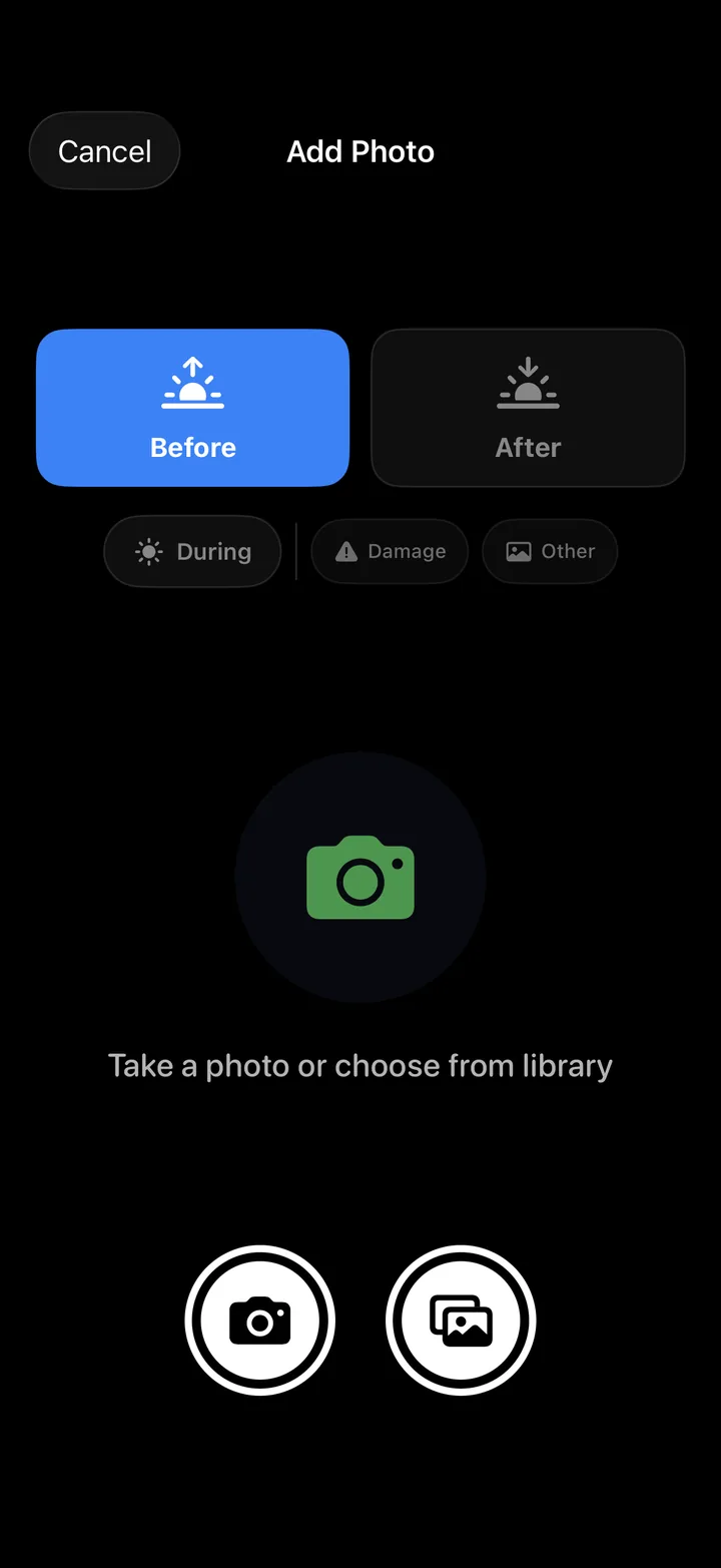 LawnBeast Add Photo screen with Before and After photo categories