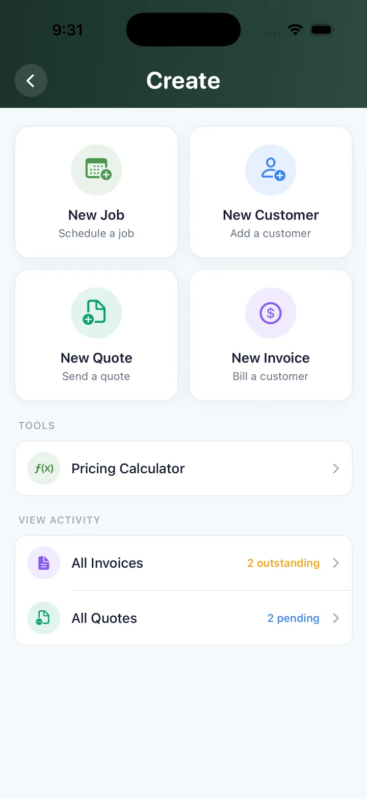 LawnBeast quick-create screen for jobs, customers, quotes, and invoices