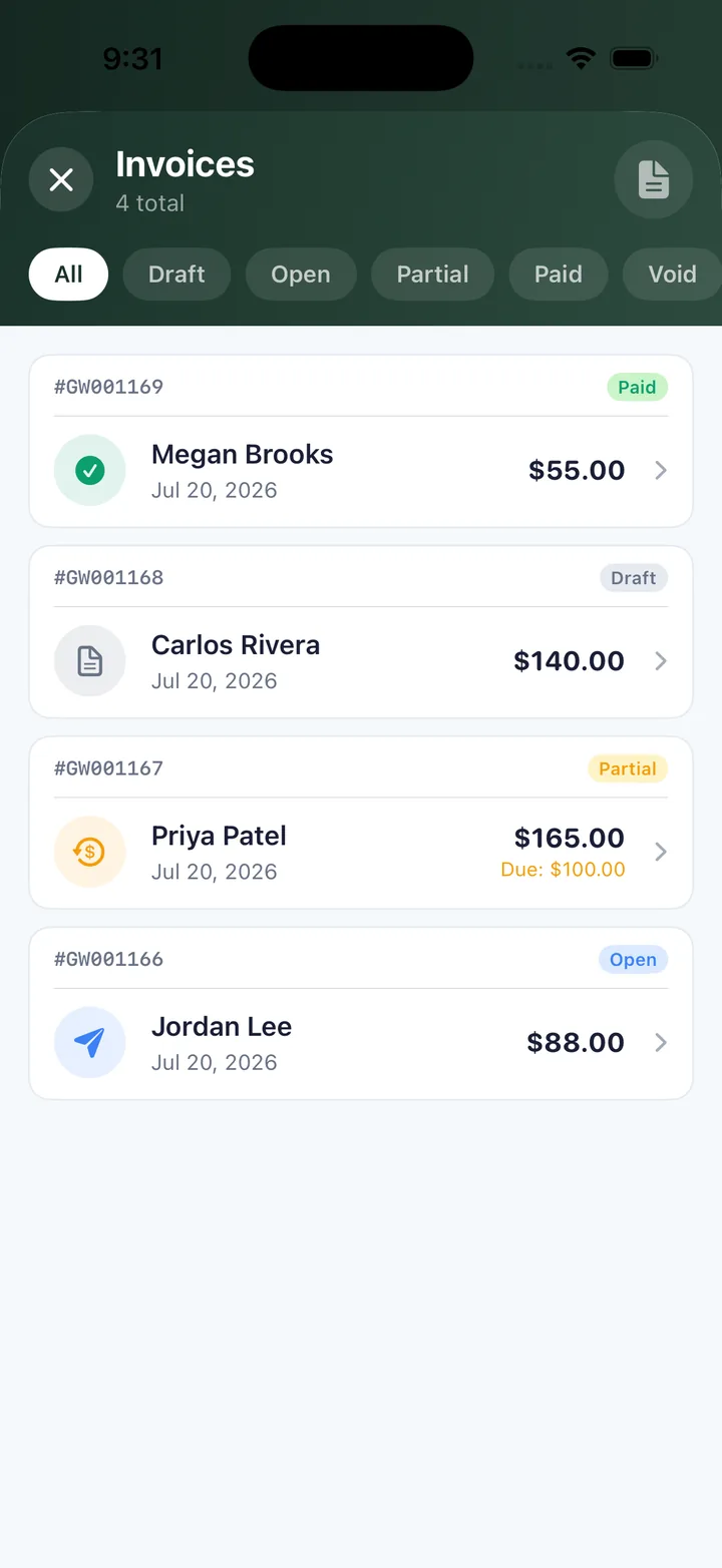 LawnBeast invoice list showing paid, draft, partial, and open statuses
