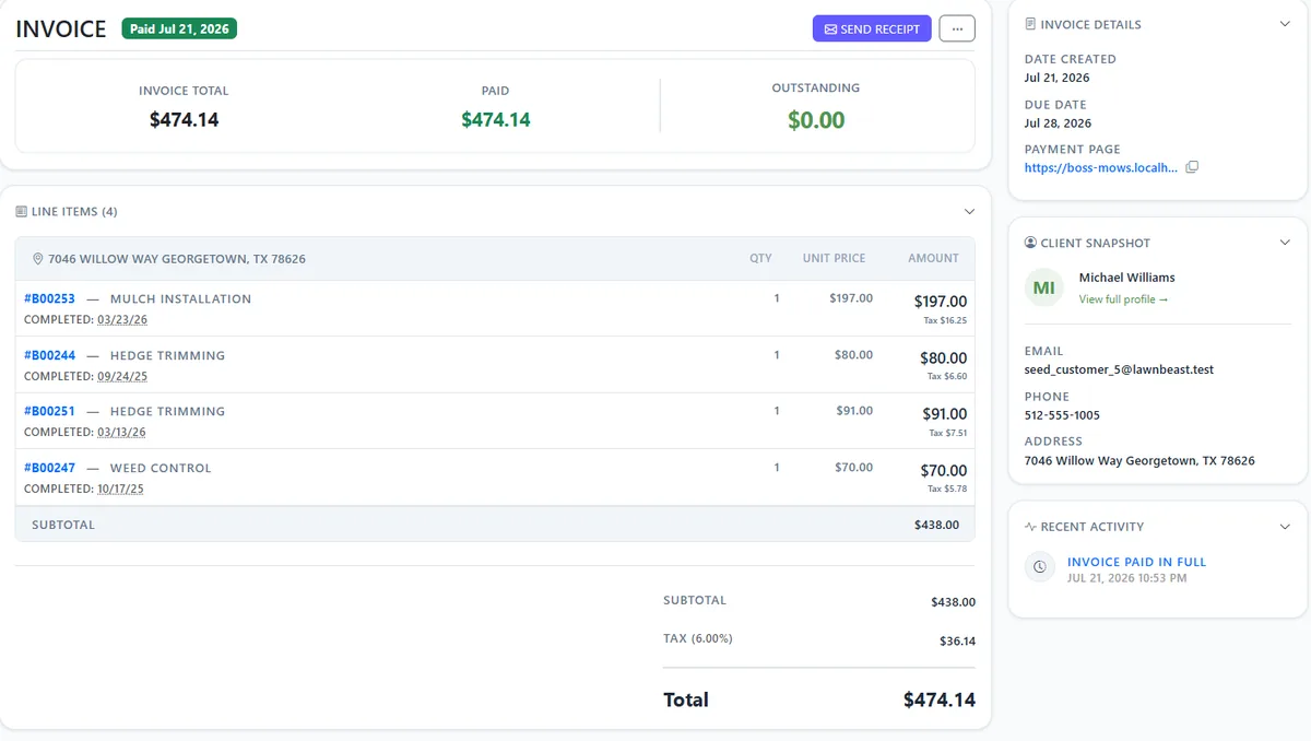 The contractor's invoice detail after an online payment: a Paid Jul 21, 2026 badge, invoice total $474.14, paid $474.14, outstanding $0.00, and a Recent Activity entry reading Invoice Paid in Full